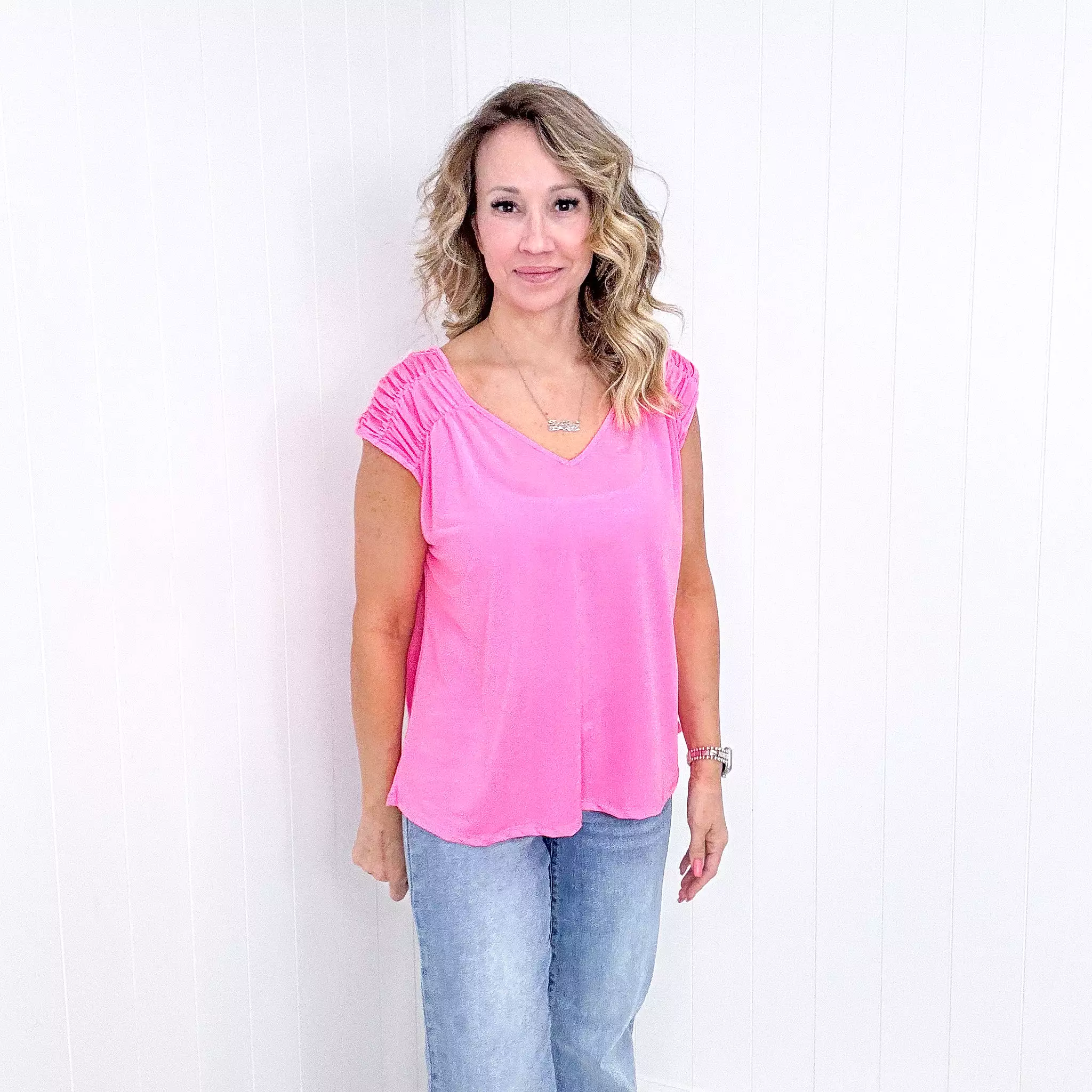 Dear Scarlett Ruched Cap Sleeve Top in Neon Pink